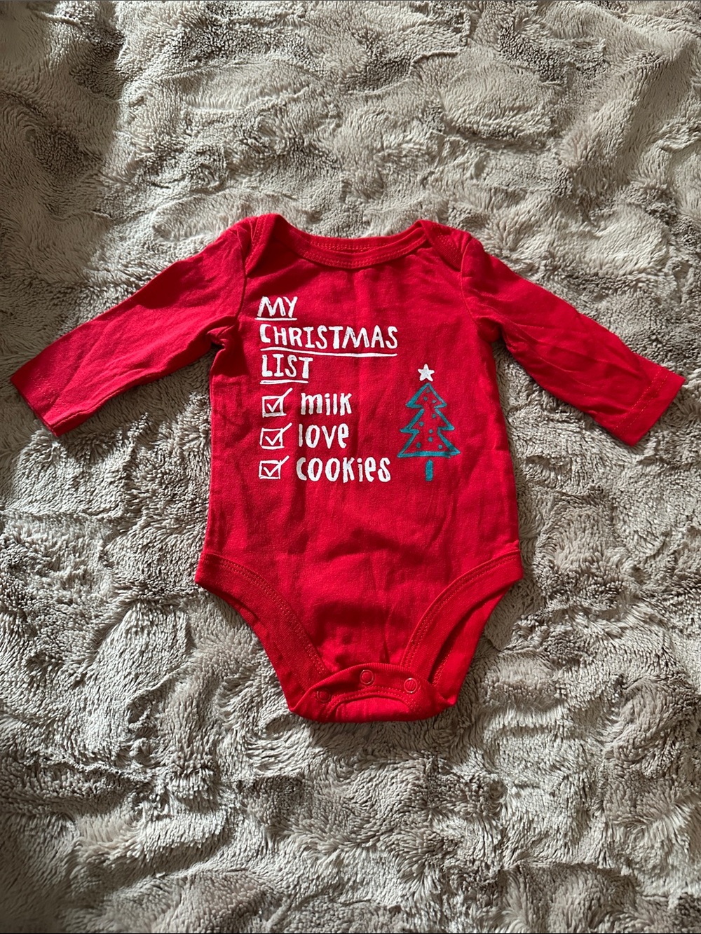 “My Christmas list” long-sleeve onesie, 0-3 months